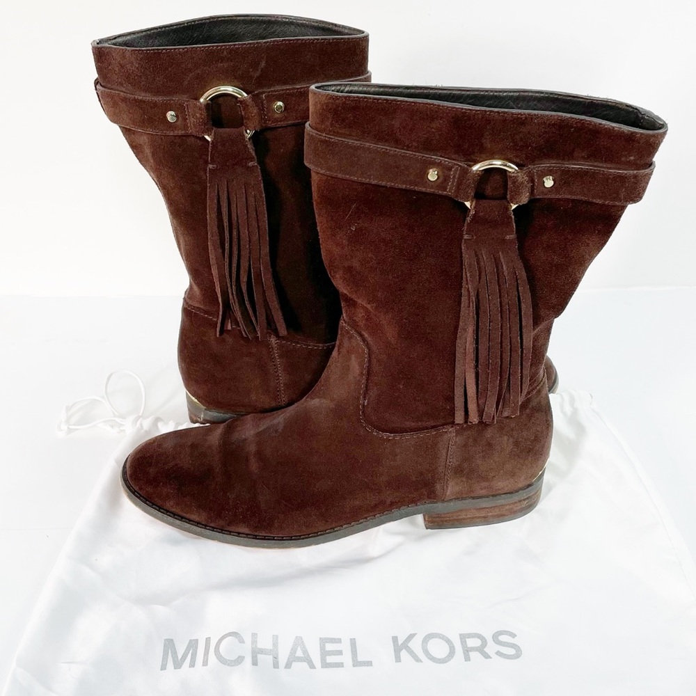 Michael Kors Rhea Dark Brown Suede Mid Calf Fringe Size 10